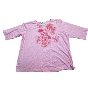 Quacker Factory Jeweled Floral Top Women 2X Pink 3/4 Sleeve Stretch Casual